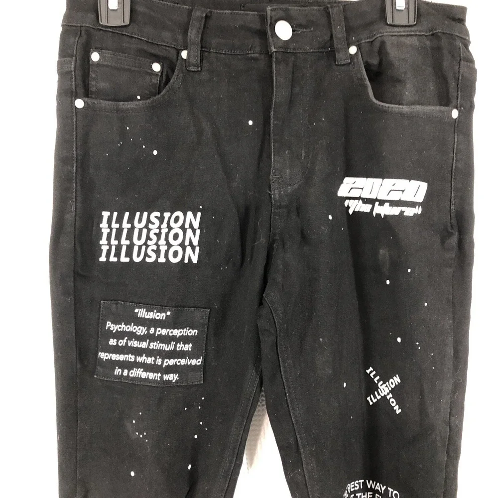 Illusion attire jeans women's 30 black patch grunge skinny lettering 30 x 29